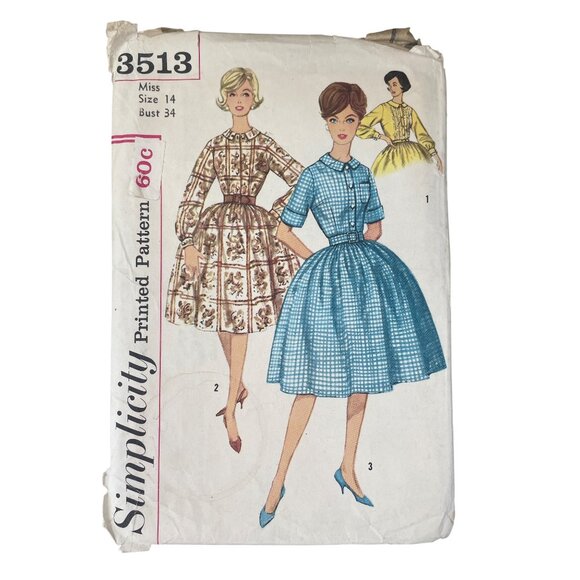 60s Simplicity 3513 Misses Dress Pattern Size 14 Bust 34 Dress Vintage CUT - Picture 1 of 6